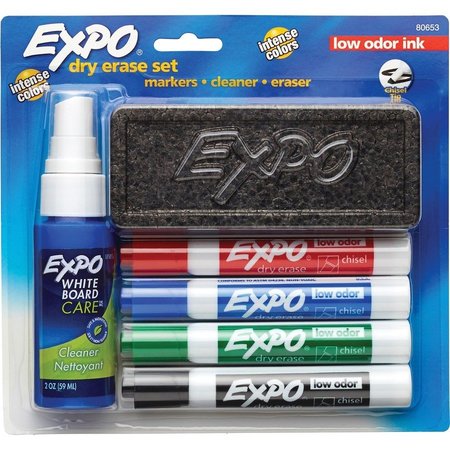 EXPO Low-Odor Dry-Erase Set, Chisel/Bold Tips, Eraser, Cleaner, AST PK SAN80653